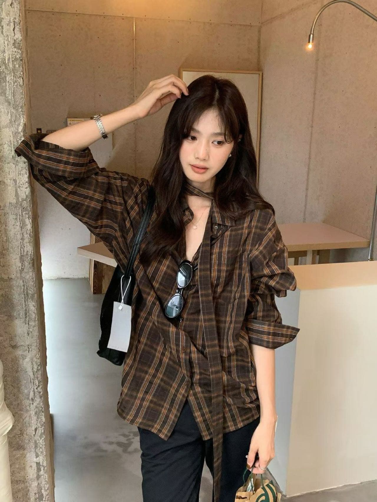 한 부서 레트로 체크무늬 폴로 칼라 셔츠 느긋한 느슨함 센스 루즈핏 슬림해 보이는 분위기 센스 긴팔 맨위 상세 이미지 22