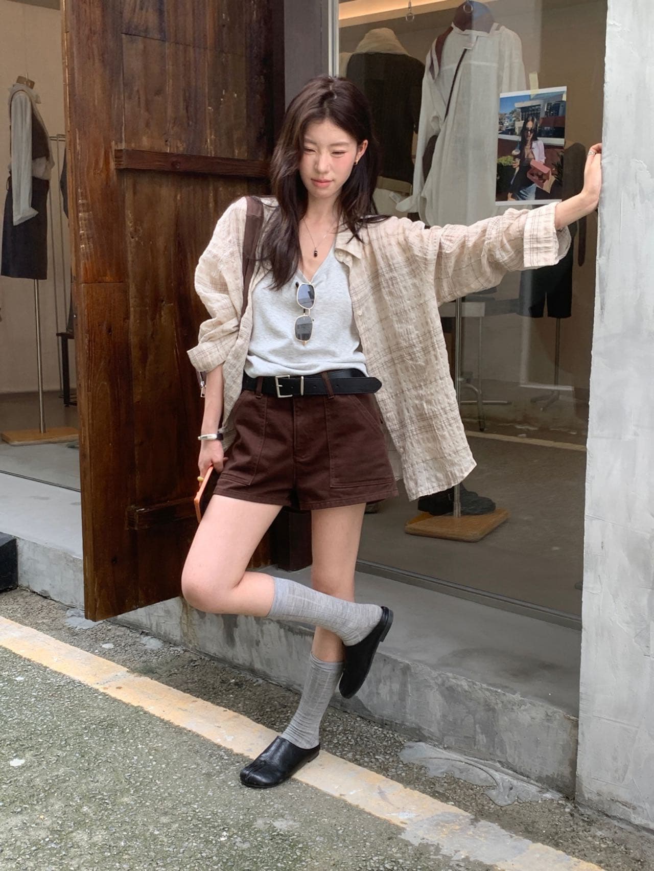 한국 동대문 가을 새로운 한 부서 레트로 느긋한 질감 센스 체크무늬 긴팔 자외선 차단 셔츠 루즈핏 맨위 상세 이미지 8