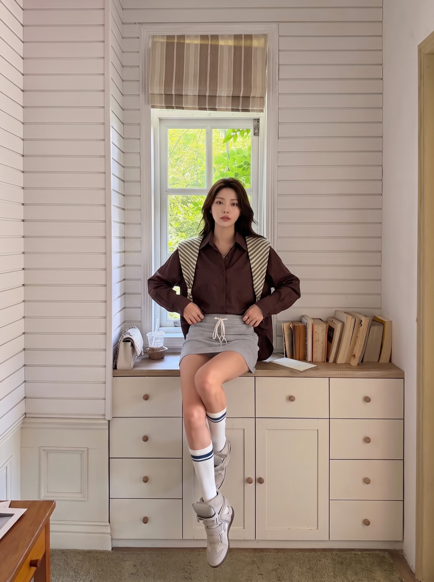 레트로 스트라이프 숄 POLO 칼라 주간 실크 면 린넨 셔츠 여성 긴 소매 이른 가을 새로운 루즈핏 다용도 자외선 차단 맨위