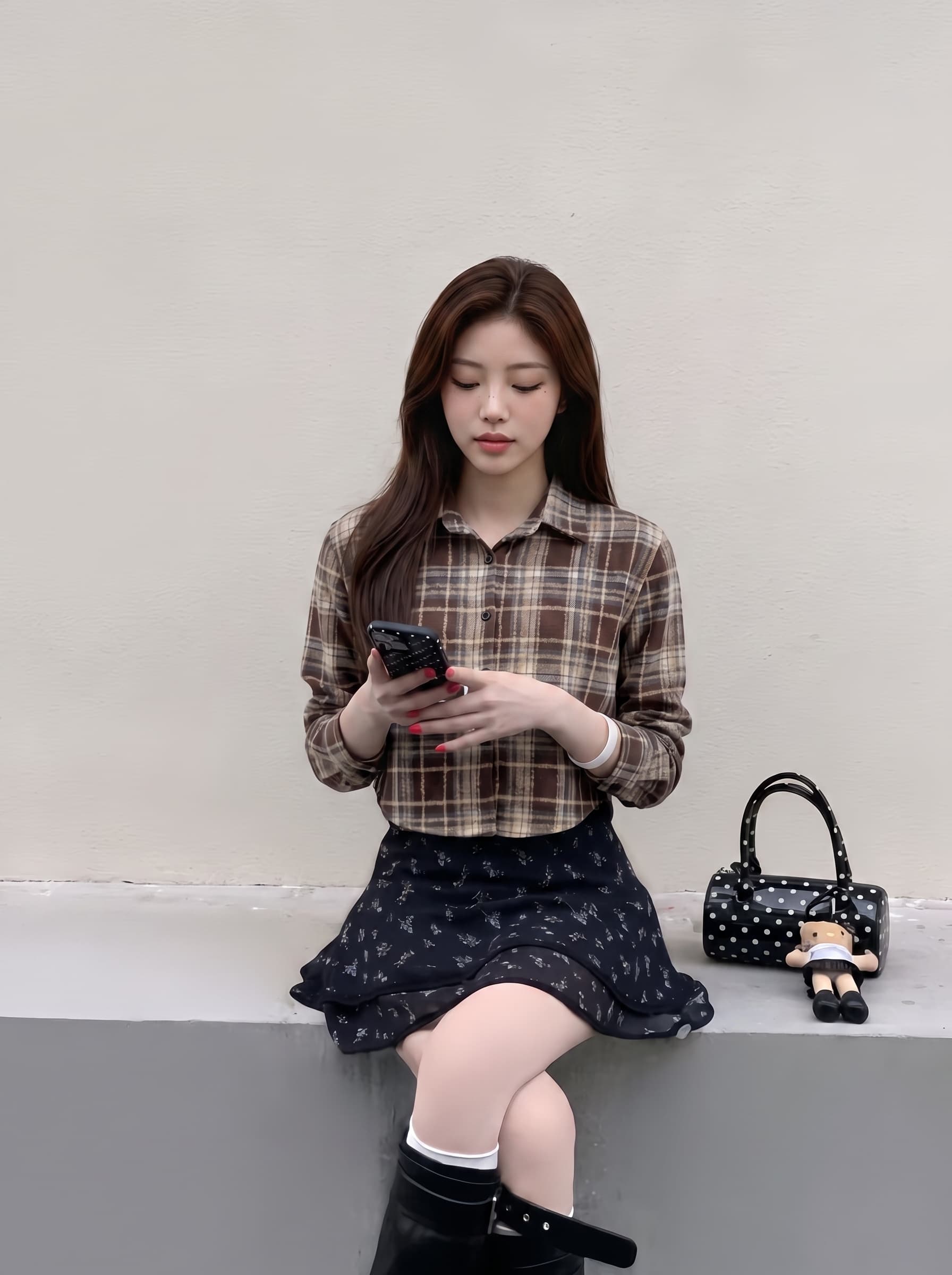 가을 새로운 체크무늬 폴로 칼라 여성 셔츠 작은 키 긴팔 여성 한국 스타일 프로필 모양 쇼트 스타일 체크무늬 긴팔 셔츠 여성 이미지 4