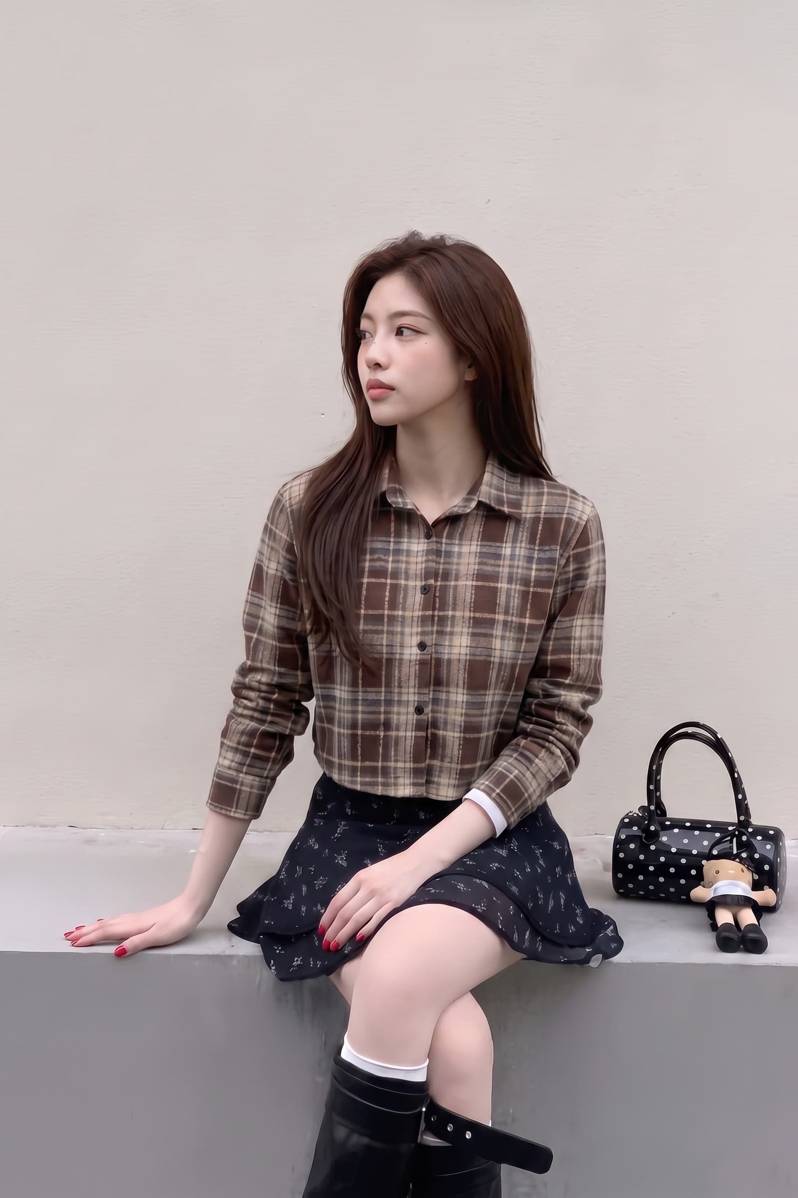 가을 새로운 체크무늬 폴로 칼라 여성 셔츠 작은 키 긴팔 여성 한국 스타일 프로필 모양 쇼트 스타일 체크무늬 긴팔 셔츠 여성 이미지 6