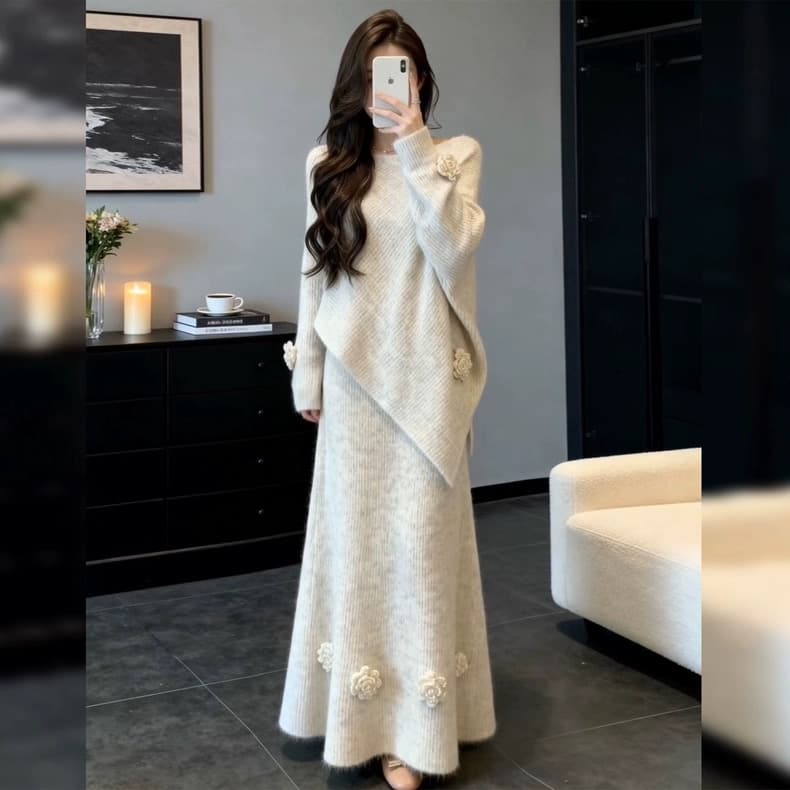 한 부서 부드러운 바람 패션 니트 반신 치마 세트 여성 가을 겨울철 루즈핏 슬림해 보이는 품격 스웨터 세트 치마 이미지 3