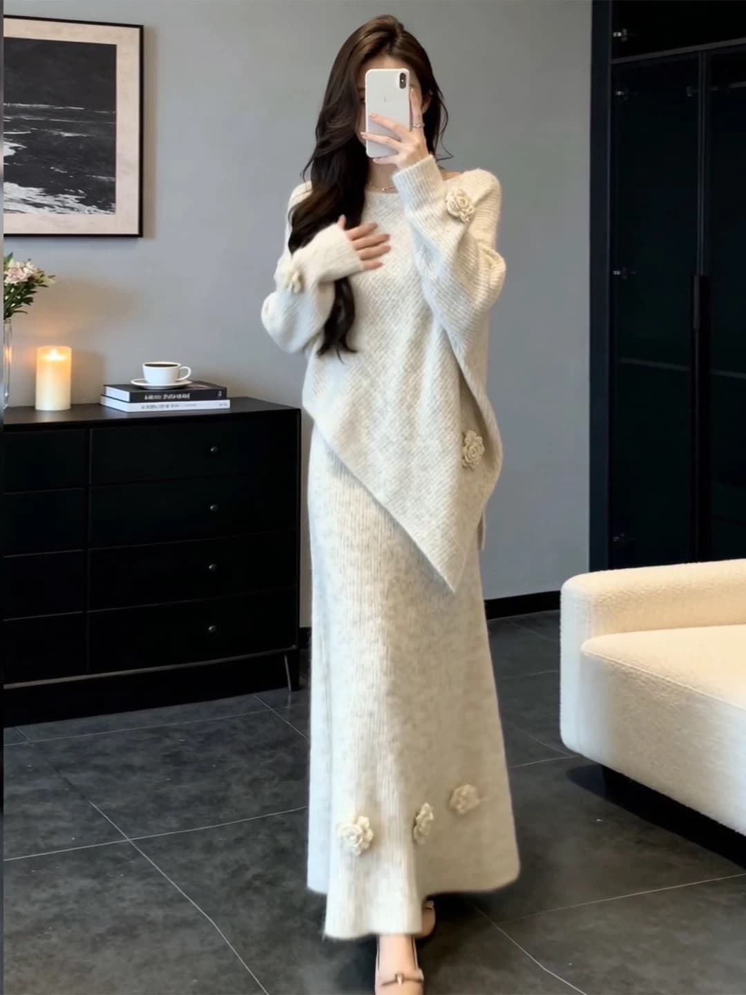 한 부서 부드러운 바람 패션 니트 반신 치마 세트 여성 가을 겨울철 루즈핏 슬림해 보이는 품격 스웨터 세트 치마 상세 이미지 11