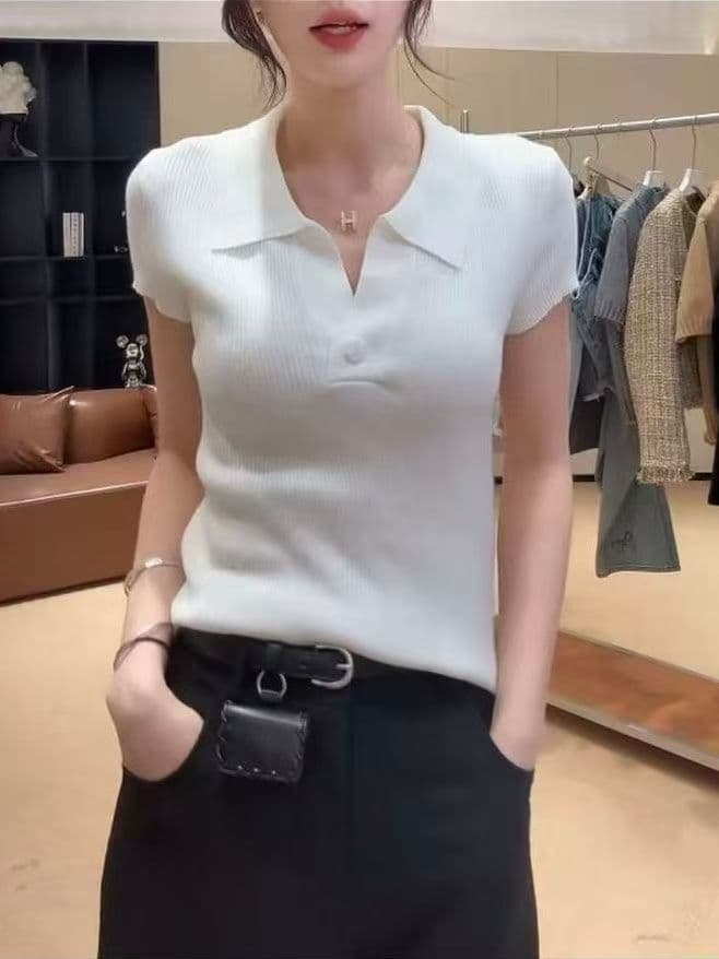 회색 폴로 칼라 POLO 셔츠 반팔 니트 스웨터 여성 여름 작은 키 쇼트 스타일 몸매 가꾸기 슬림해 보이는 품격 패션 맨위 상세 이미지 9