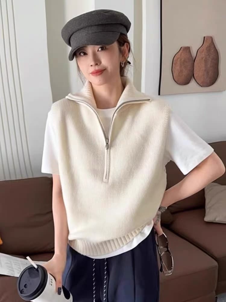 한 부서 미니멀리즘 캐주얼 느긋한 센스 양모 니트 조끼 맨위 가을 겨울 스택 착용 하프 지퍼 다용도 민소매 베스트 이미지 3
