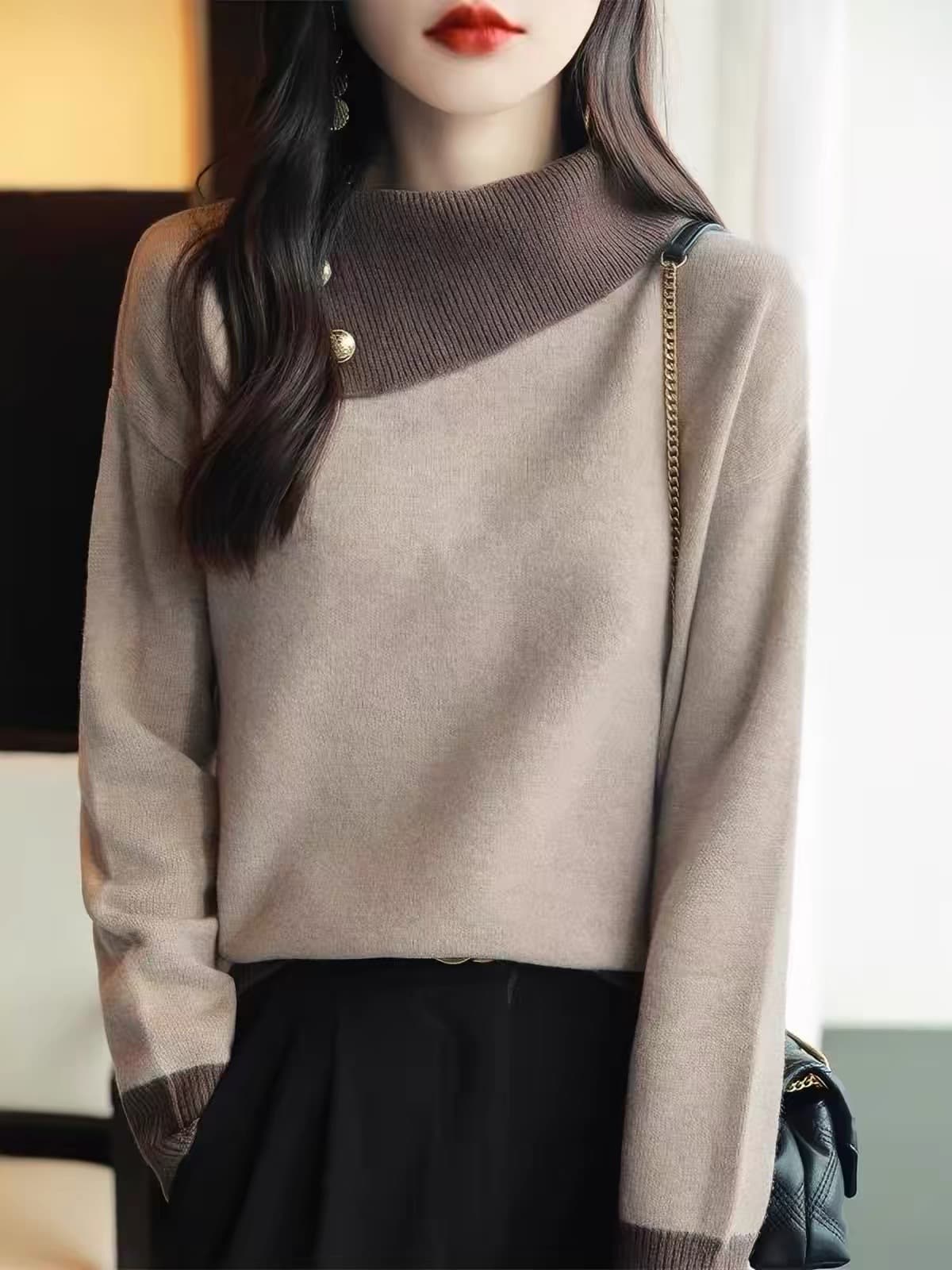 가을 겨울 새로운 특색있는 패션 디자인 센스 맨위 비스듬한 칼라 느긋한 바람 루즈핏 니트 스웨터 패션 패치워크 색상 스웨터 여자 상세 이미지 2
