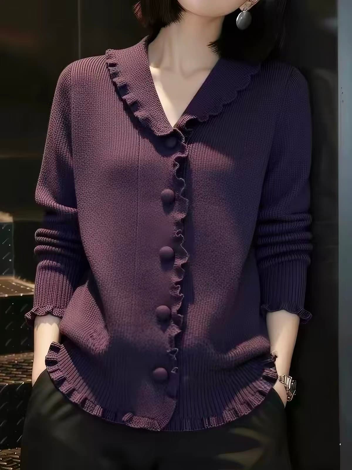 세련된 품격 보라색 프릴 디자인 센스 V넥 길다 소매 위버 2026 봄 가을 다용도 고급 센스 스웨터 이미지 4