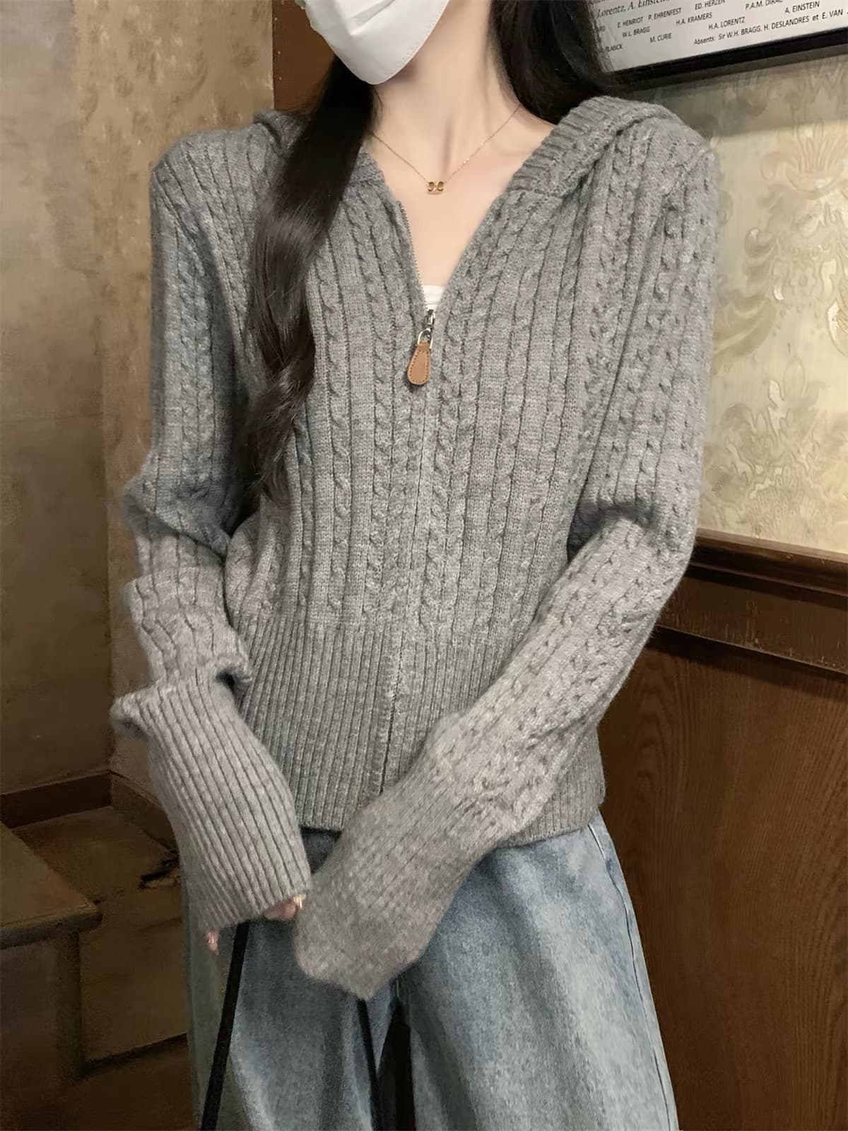 앤디 플러시 꽈배기 후드 두꺼운 지퍼 스웨터 오픈 가디건 여성 코트 이른 봄 고급 센스 부드러운 찹쌀 니트 스웨터 맨위 상세 이미지 2