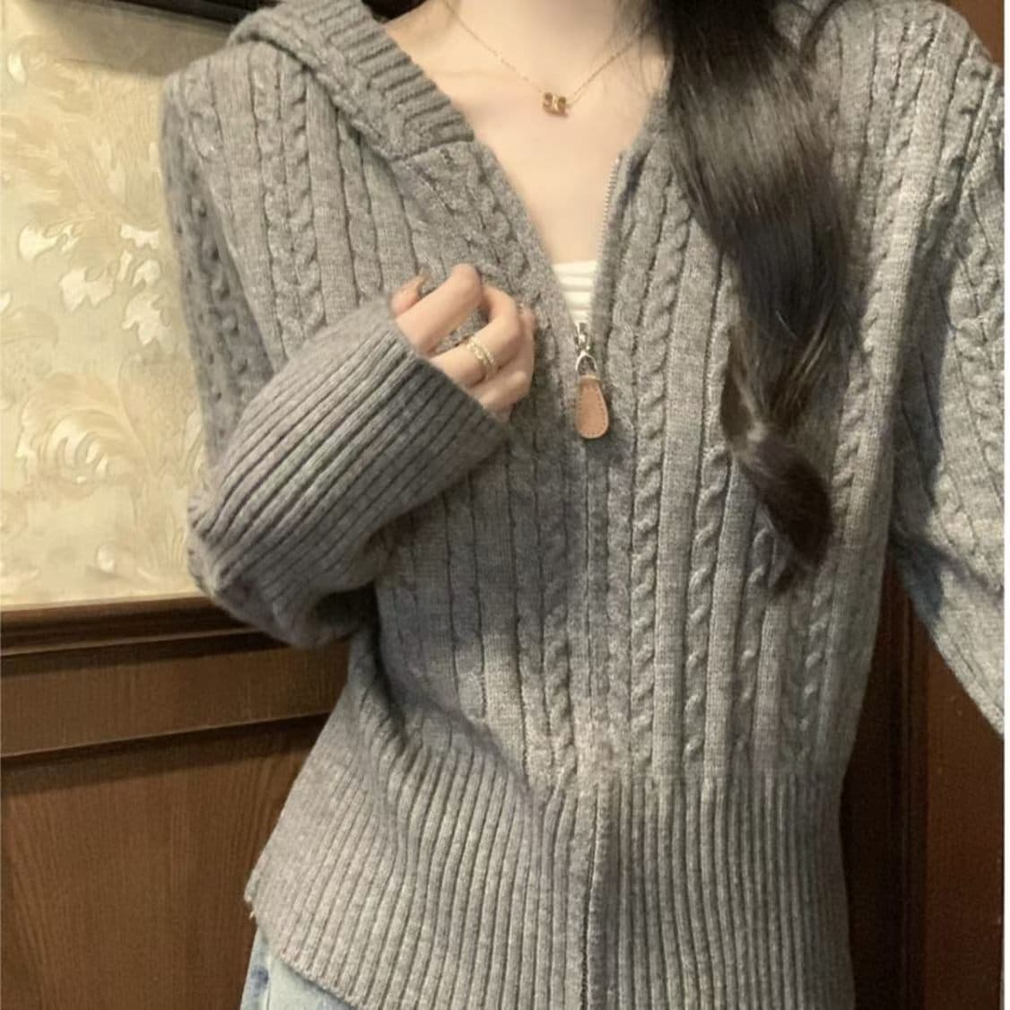 앤디 플러시 꽈배기 후드 두꺼운 지퍼 스웨터 오픈 가디건 여성 코트 이른 봄 고급 센스 부드러운 찹쌀 니트 스웨터 맨위 상세 이미지 6
