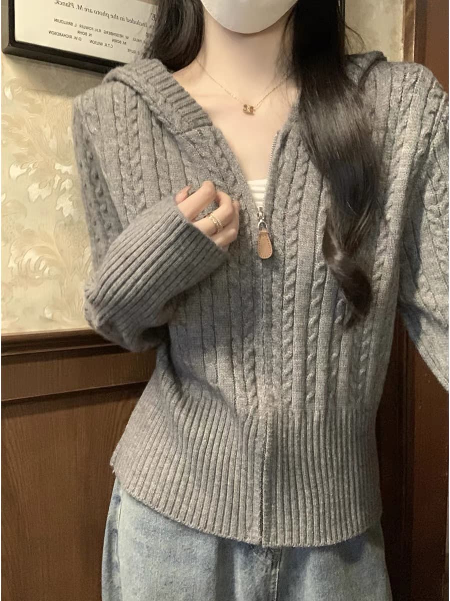 앤디 플러시 꽈배기 후드 두꺼운 지퍼 스웨터 오픈 가디건 여성 코트 이른 봄 고급 센스 부드러운 찹쌀 니트 스웨터 맨위 상세 이미지 7