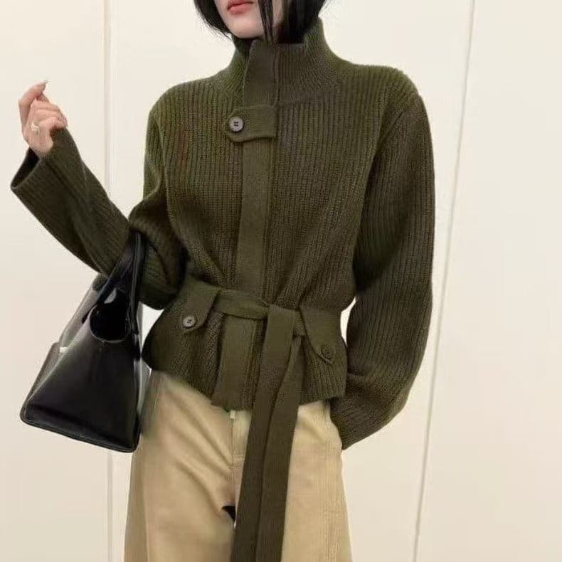 프랑스식 터틀넥 녹색 스웨터 오픈 가디건 여성 가을 겨울철 두꺼운 느긋한 바람 고급 센스 허리 수축 스트랩 니트 재킷 이미지 2