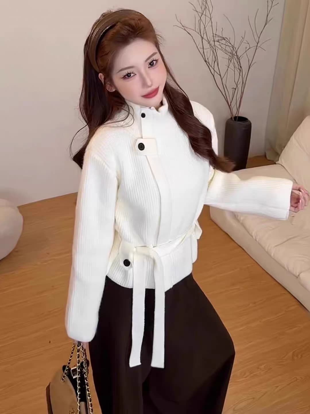 프랑스식 터틀넥 녹색 스웨터 오픈 가디건 여성 가을 겨울철 두꺼운 느긋한 바람 고급 센스 허리 수축 스트랩 니트 재킷 상세 이미지 5