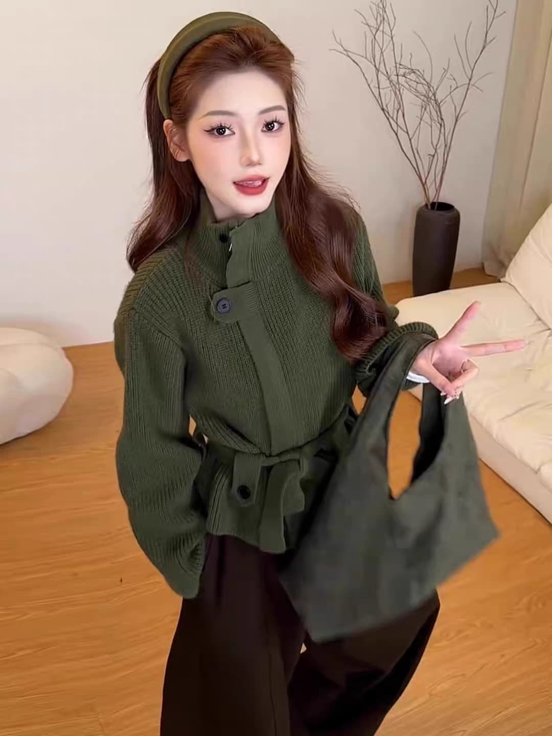프랑스식 터틀넥 녹색 스웨터 오픈 가디건 여성 가을 겨울철 두꺼운 느긋한 바람 고급 센스 허리 수축 스트랩 니트 재킷 상세 이미지 9