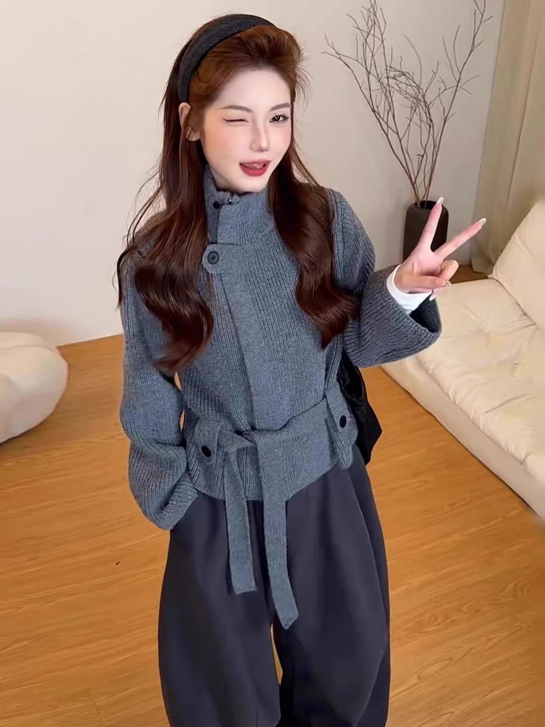 프랑스식 터틀넥 녹색 스웨터 오픈 가디건 여성 가을 겨울철 두꺼운 느긋한 바람 고급 센스 허리 수축 스트랩 니트 재킷 상세 이미지 12