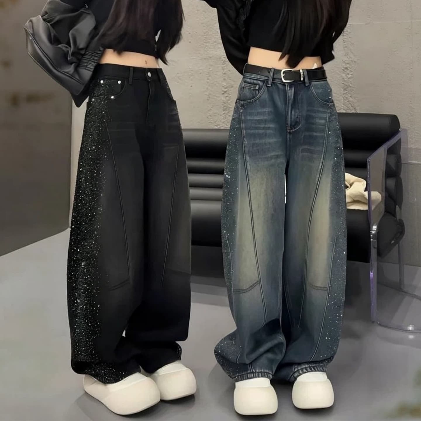 빅 사이즈 여성 의류 레트로 핫픽스 청바지 여성 2026 가을 지방 mm 루즈핏 하이웨이스트 슬림해 보이는 스트레이트 와이드 레그 팬츠 어린이 상세 이미지 2