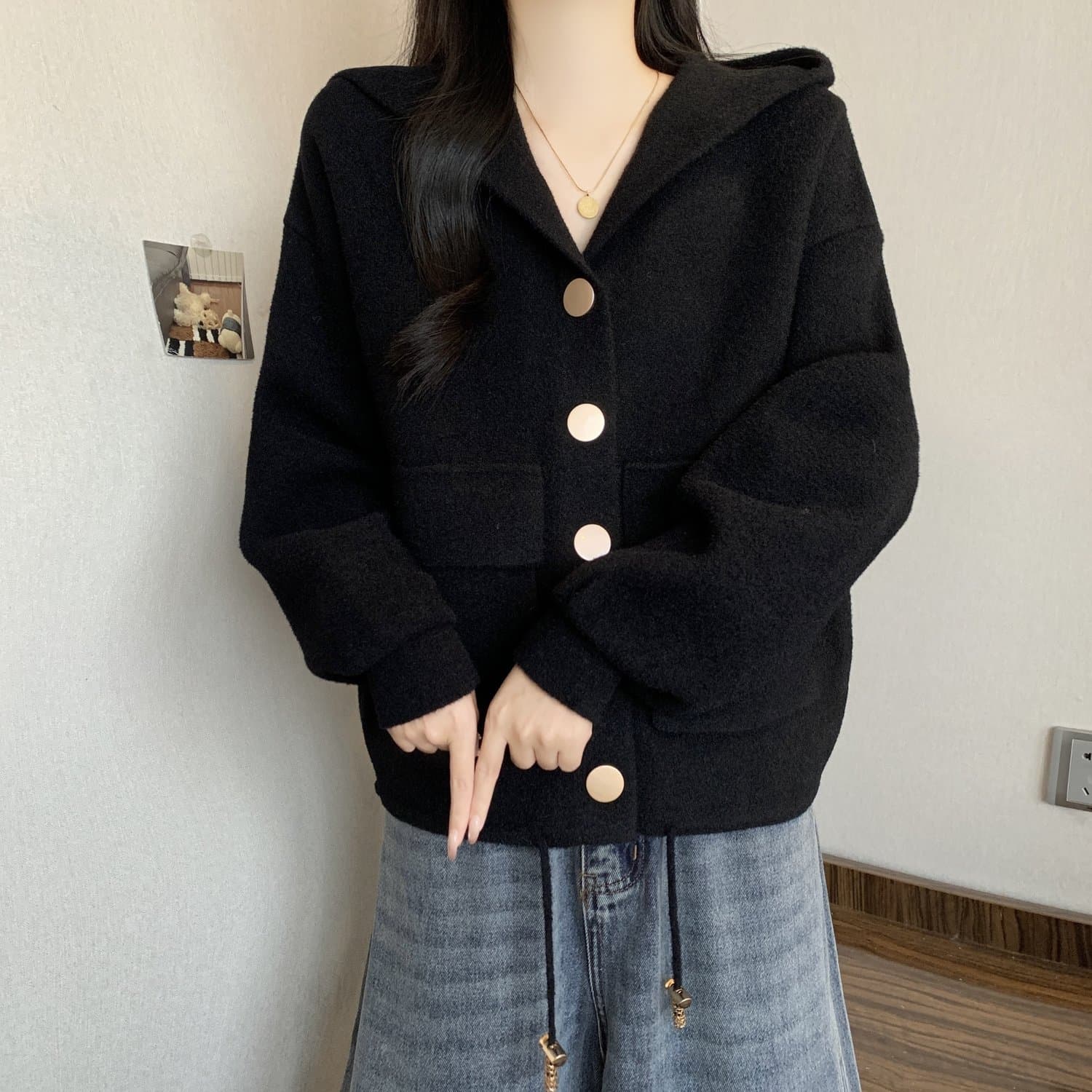 고급 센스 작은 샤넬 스타일 검정색 모직 긍정적 인 어깨 여성 코트 2026 가을 새로운 마이크로 지방 mm 밑단 펌프 로프 오픈 가디건 상세 이미지 11