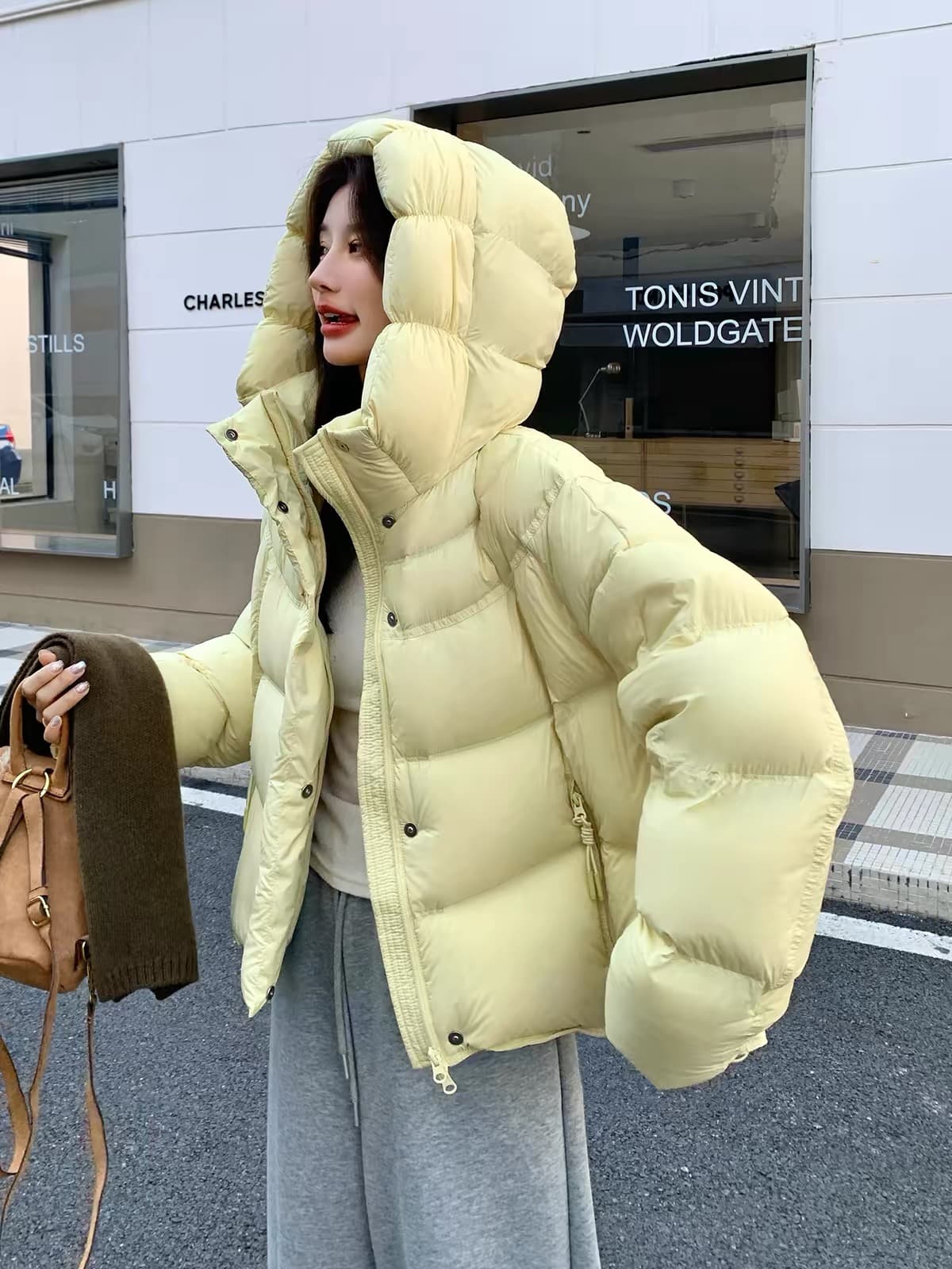 한국 스타일 쇼트 스타일 버블 푸 다운 재킷 여성 겨울 새로운 황색 후드 패딩 재킷 작은 키 다운 코튼 외투 상세 이미지 13