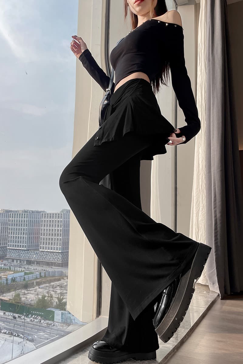 2026 페이크 레이어드 표지 엉덩이 슬림해 보이는 방귀 커튼 바지 디자인 센스 품격 하이웨이스트 캐주얼 긴 바지 측면 트임 부츠컷 바지 이미지 7