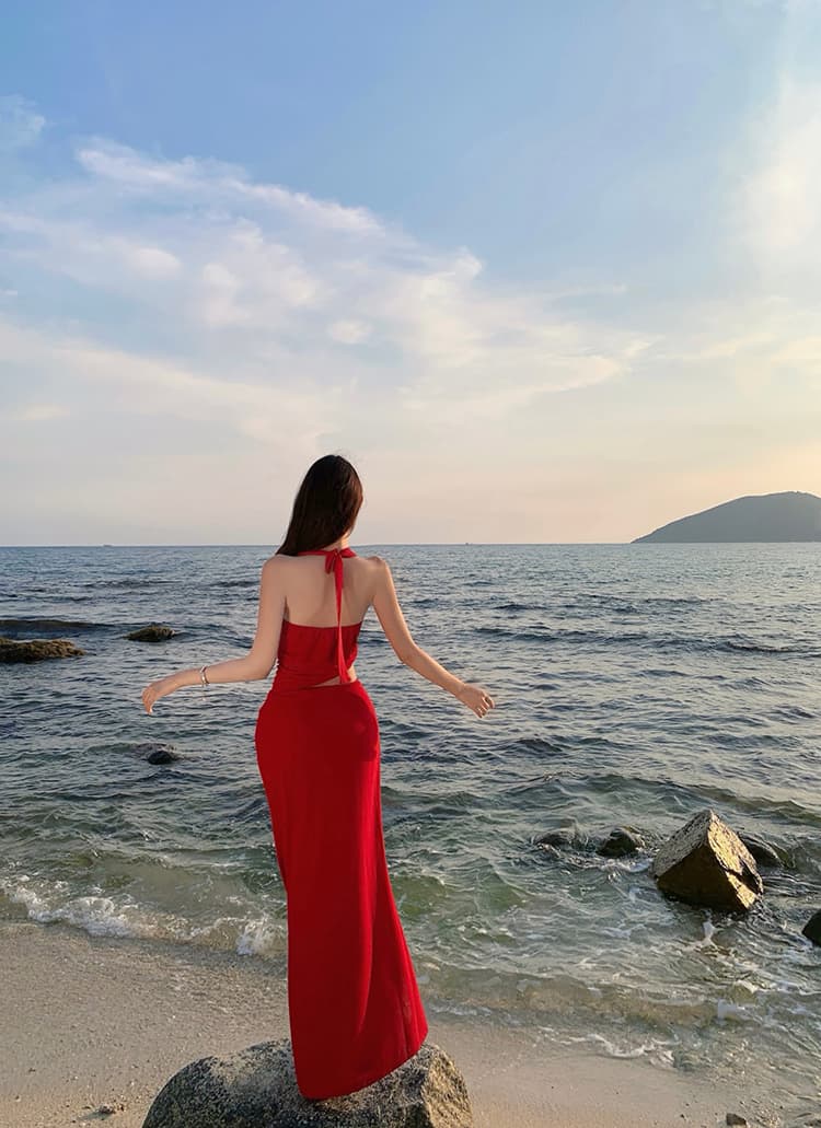 스팟 항구 바람 빨간색 메쉬 행침 목 드레스 슬링 여성 드레스 여름 섹시한 뜨거운 소녀 V 칼라 엉덩이 롱 스커트 상세 이미지 4