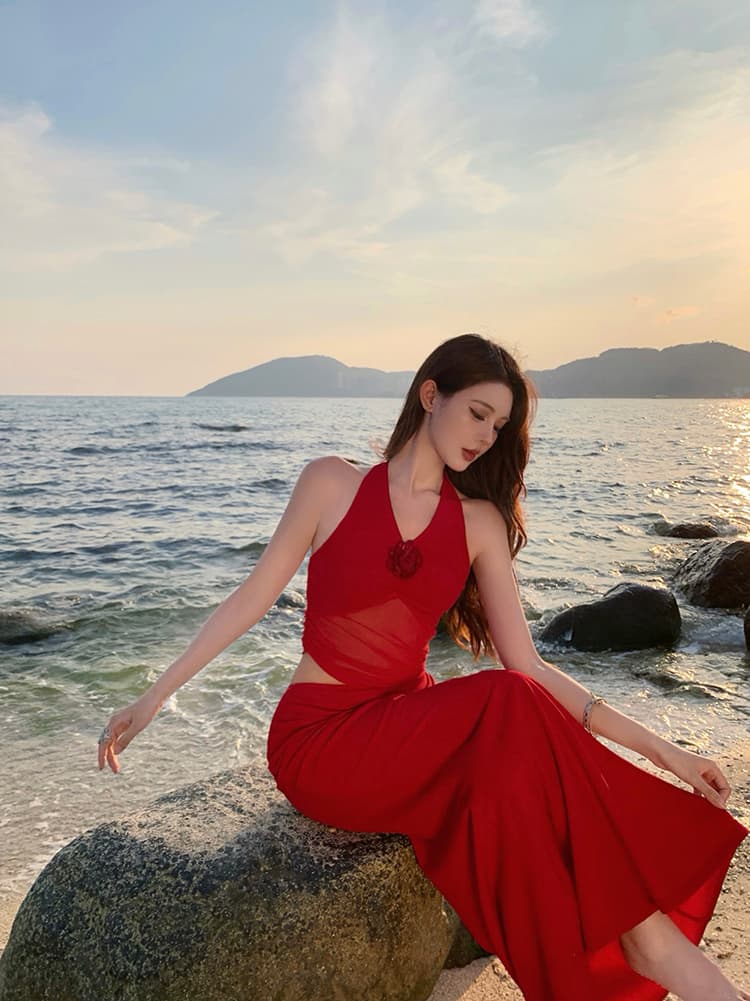 스팟 항구 바람 빨간색 메쉬 행침 목 드레스 슬링 여성 드레스 여름 섹시한 뜨거운 소녀 V 칼라 엉덩이 롱 스커트 상세 이미지 7