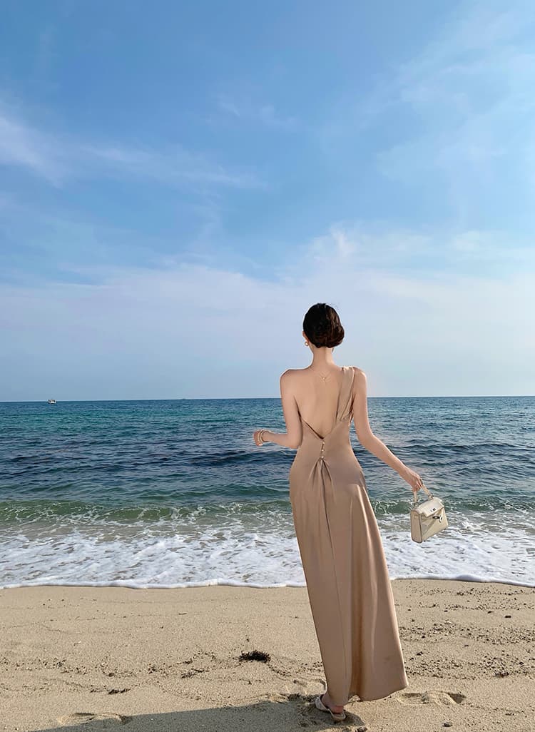 실제 촬영 기질 새틴 비스듬한 어깨 슬림 피트 드레스 고급 센스 어깨 한 개 노출 된 어깨 생일 연회 드레스 롱 스커트 상세 이미지 2