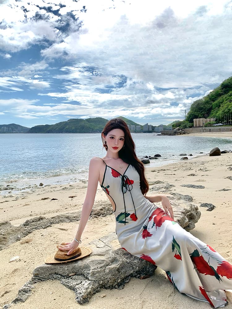 실사 프랑스식 고급 센스 새틴 프린트 섹시함 백리스 슬립 드레스 휴가 바람 롱 스커트 상세 이미지 19