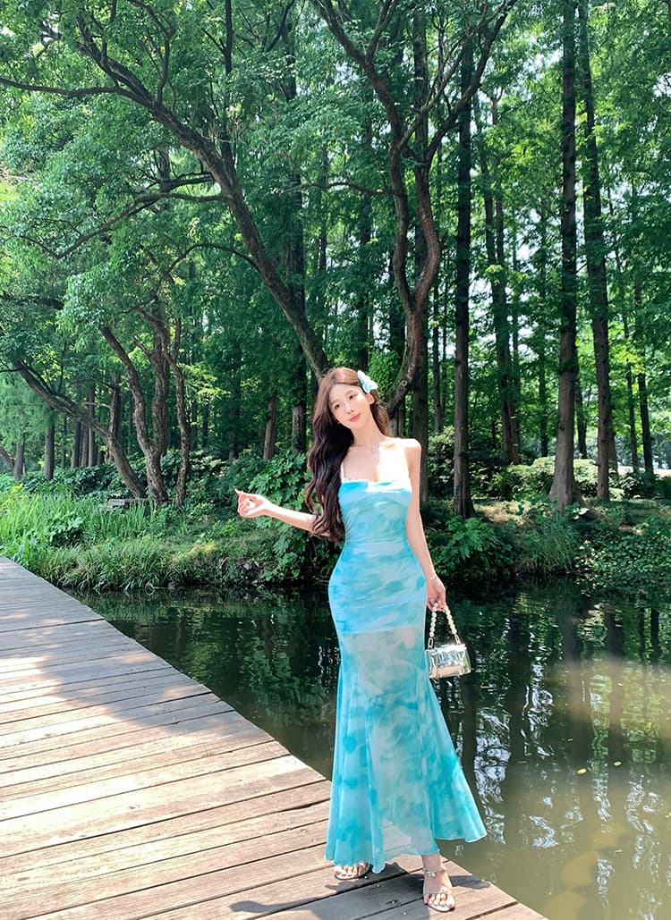 나비 백리스 슬립 여성 드레스 여름 망사 인어 꼬리 치마 녹색 해변가 휴가 몸매 가꾸기 타이트 스커트 롱 스커트 상세 이미지 9