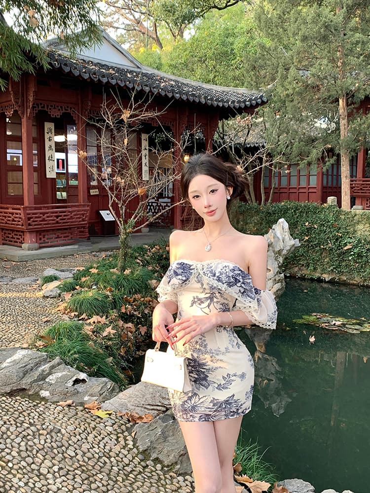 오프숄더 레트로 프린트 반팔 여성 드레스 여름 품격 몸매 가꾸기 치마 벨트 가슴 패드 허리 수축 타이트 스커트 미니 스커트 상세 이미지 11