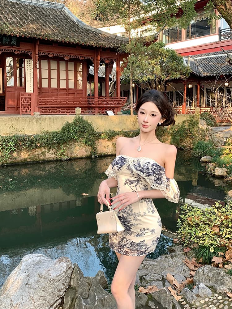 오프숄더 레트로 프린트 반팔 여성 드레스 여름 품격 몸매 가꾸기 치마 벨트 가슴 패드 허리 수축 타이트 스커트 미니 스커트 상세 이미지 18