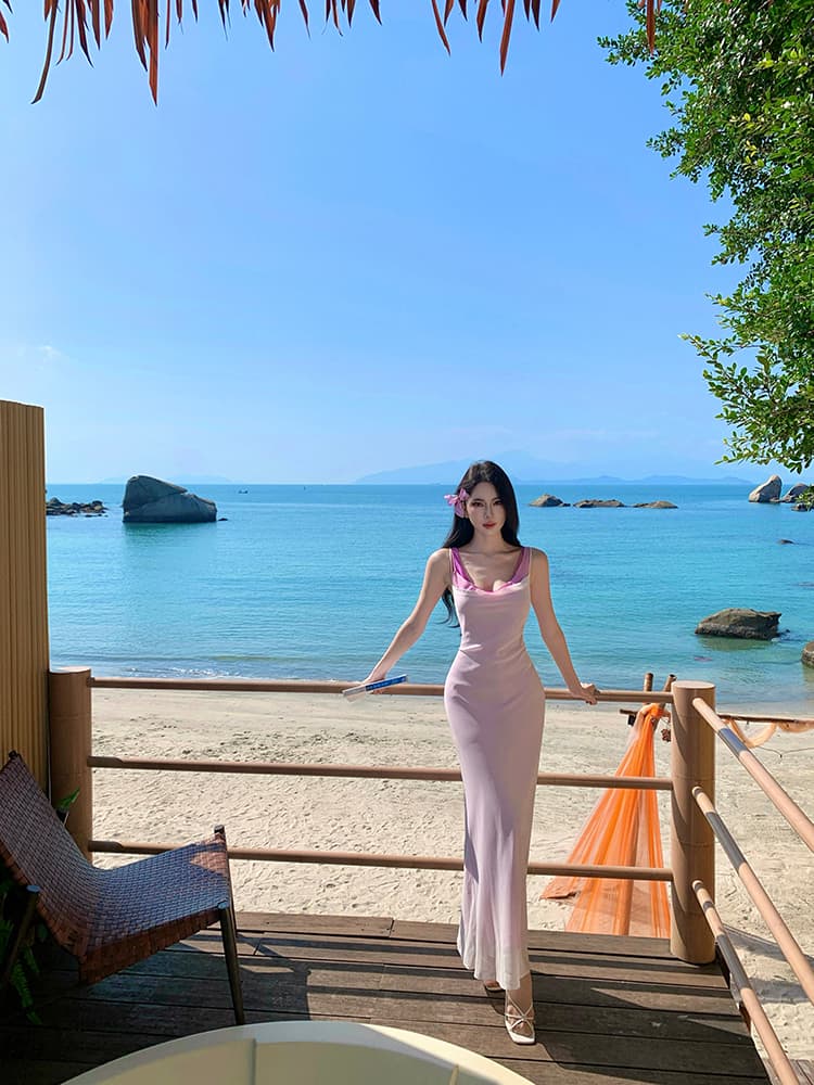 실사 예술 건강 배색 스태킹 커브 프랑스식 분위기 센스 캐미솔 해변가 분위기 센스 착용 가져 가라. 드레스 상세 이미지 12