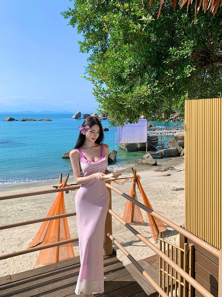 실사 예술 건강 배색 스태킹 커브 프랑스식 분위기 센스 캐미솔 해변가 분위기 센스 착용 가져 가라. 드레스 상세 이미지 17