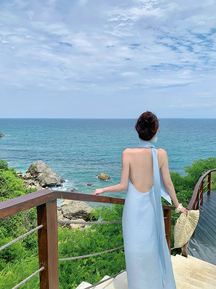말 세대 해변가 휴가 해변 드레스 해변 대 백리스 뒤로 리본 드레스 섬 아름다운 밝은 착용 가져 가라. 여성 상세 이미지 1