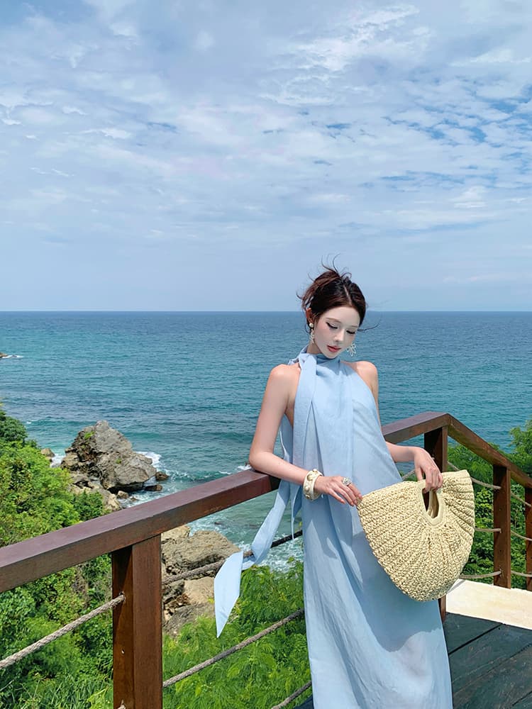 말 세대 해변가 휴가 해변 드레스 해변 대 백리스 뒤로 리본 드레스 섬 아름다운 밝은 착용 가져 가라. 여성 상세 이미지 6