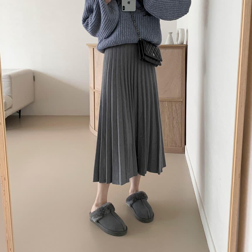 한국 스타일 품격 다용도 하이웨이스트 큰 진자 두꺼운 니트 반신 스커트 플리츠 스커트 상세 이미지 12
