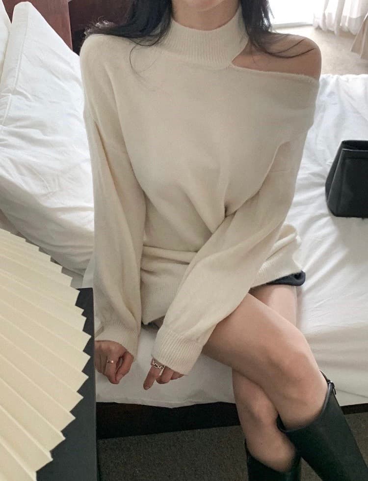 한국 chic 가을 겨울 작은 대중 품격 터틀넥 홀로우 아웃 오프숄더 디자인 루즈핏 캐주얼 다용도 긴팔 니트 스웨터 이미지 2