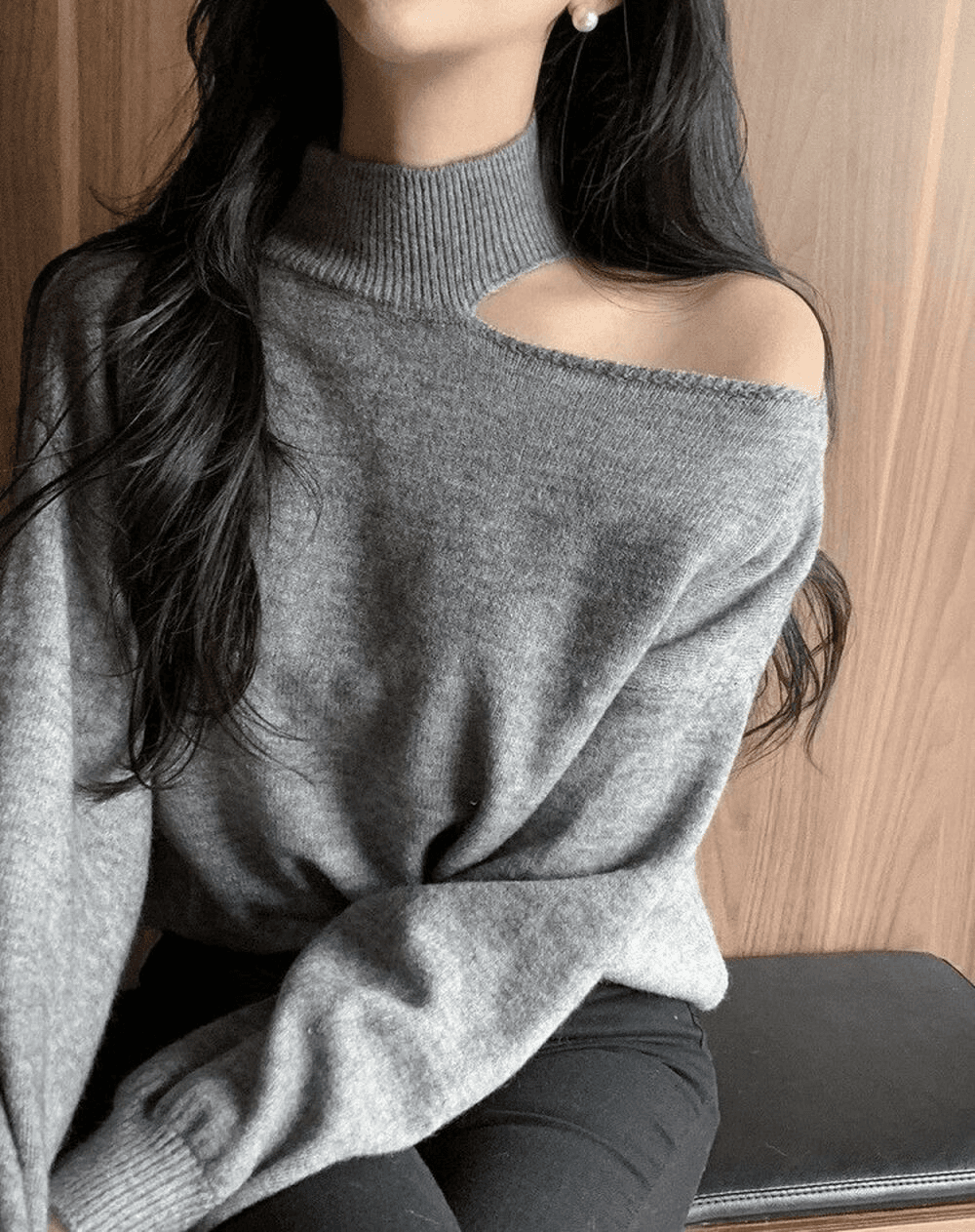 한국 chic 가을 겨울 작은 대중 품격 터틀넥 홀로우 아웃 오프숄더 디자인 루즈핏 캐주얼 다용도 긴팔 니트 스웨터 상세 이미지 6