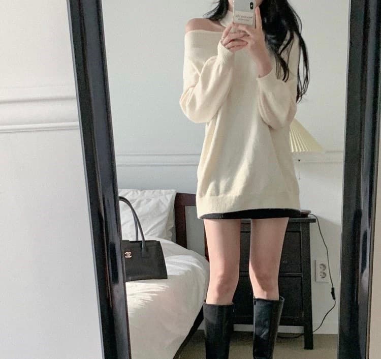 한국 chic 가을 겨울 작은 대중 품격 터틀넥 홀로우 아웃 오프숄더 디자인 루즈핏 캐주얼 다용도 긴팔 니트 스웨터 상세 이미지 11