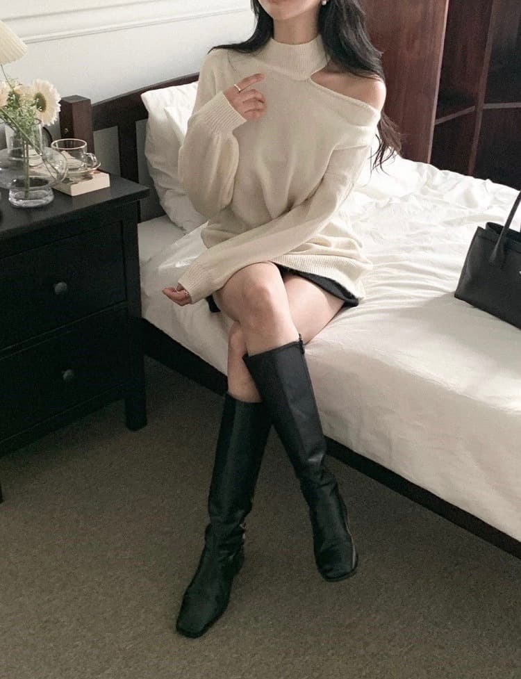 한국 chic 가을 겨울 작은 대중 품격 터틀넥 홀로우 아웃 오프숄더 디자인 루즈핏 캐주얼 다용도 긴팔 니트 스웨터 상세 이미지 16