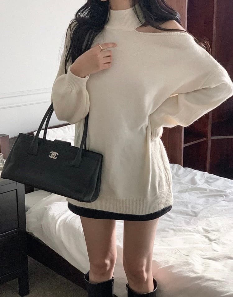 한국 chic 가을 겨울 작은 대중 품격 터틀넥 홀로우 아웃 오프숄더 디자인 루즈핏 캐주얼 다용도 긴팔 니트 스웨터 상세 이미지 19