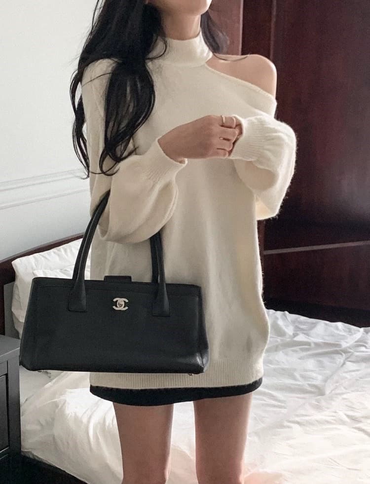 한국 chic 가을 겨울 작은 대중 품격 터틀넥 홀로우 아웃 오프숄더 디자인 루즈핏 캐주얼 다용도 긴팔 니트 스웨터 상세 이미지 23