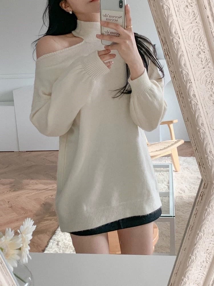 한국 chic 가을 겨울 작은 대중 품격 터틀넥 홀로우 아웃 오프숄더 디자인 루즈핏 캐주얼 다용도 긴팔 니트 스웨터 상세 이미지 26