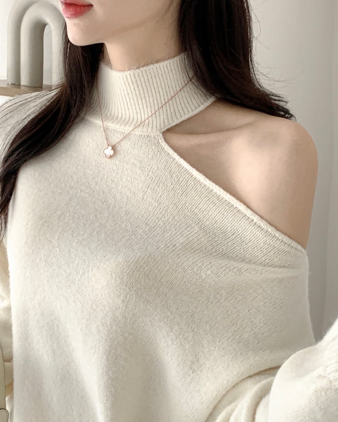 한국 chic 가을 겨울 작은 대중 품격 터틀넥 홀로우 아웃 오프숄더 디자인 루즈핏 캐주얼 다용도 긴팔 니트 스웨터 상세 이미지 35