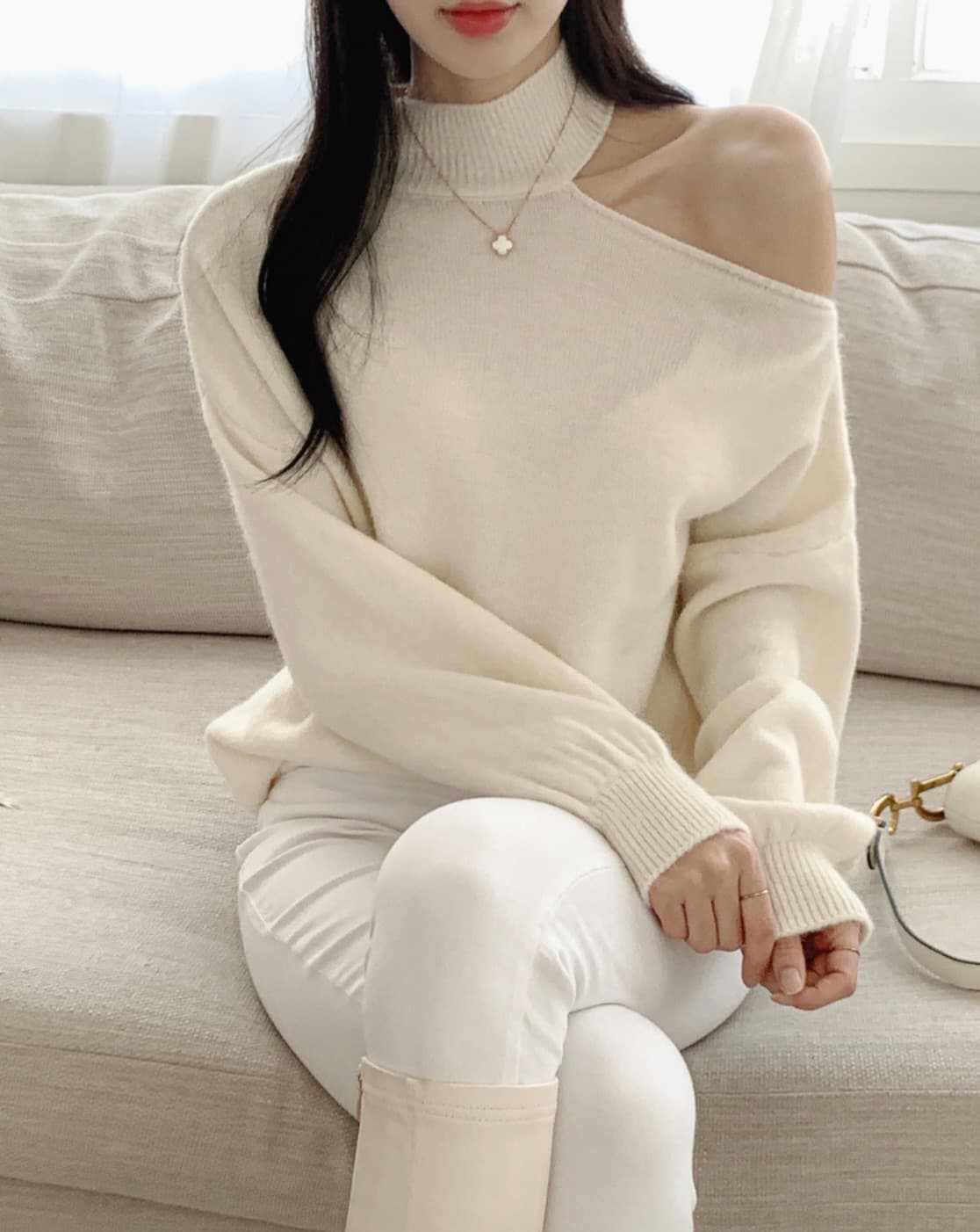 한국 chic 가을 겨울 작은 대중 품격 터틀넥 홀로우 아웃 오프숄더 디자인 루즈핏 캐주얼 다용도 긴팔 니트 스웨터 상세 이미지 38