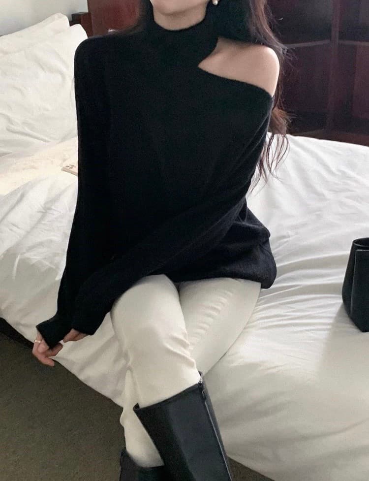 한국 chic 가을 겨울 작은 대중 품격 터틀넥 홀로우 아웃 오프숄더 디자인 루즈핏 캐주얼 다용도 긴팔 니트 스웨터 상세 이미지 50