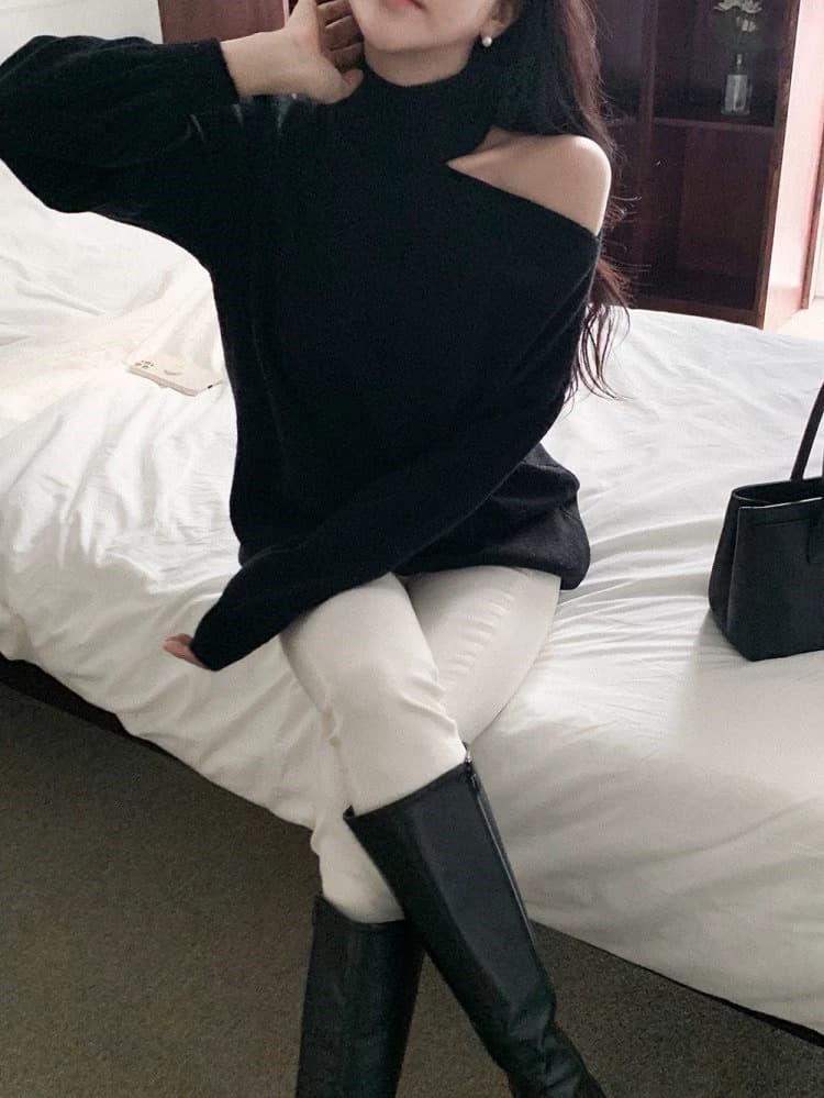 한국 chic 가을 겨울 작은 대중 품격 터틀넥 홀로우 아웃 오프숄더 디자인 루즈핏 캐주얼 다용도 긴팔 니트 스웨터 상세 이미지 51