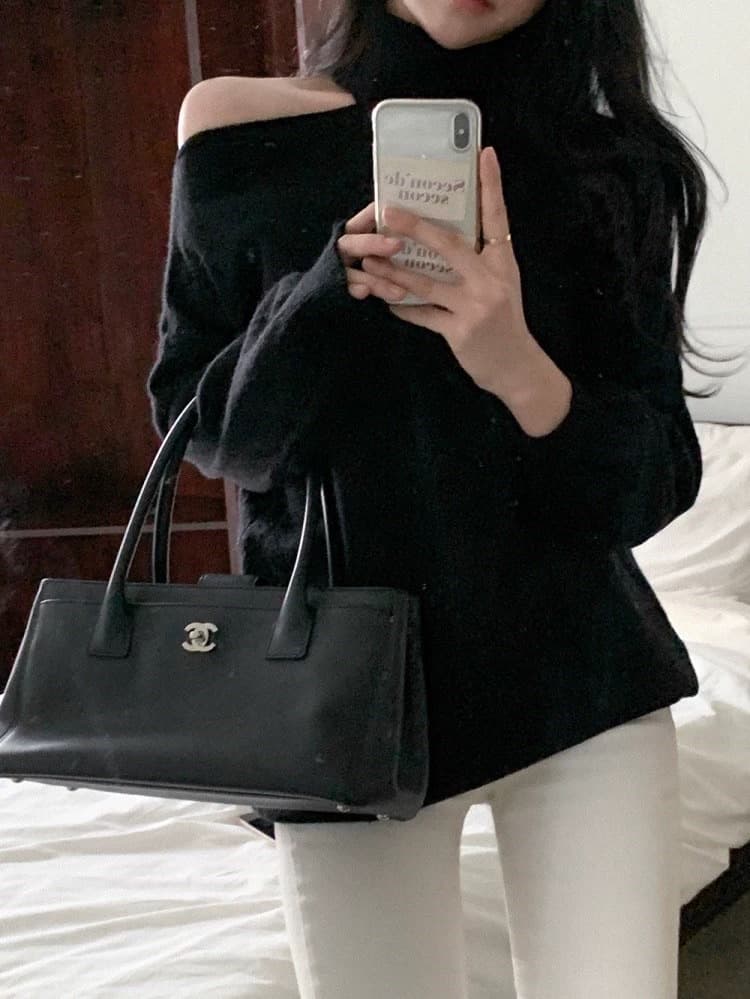 한국 chic 가을 겨울 작은 대중 품격 터틀넥 홀로우 아웃 오프숄더 디자인 루즈핏 캐주얼 다용도 긴팔 니트 스웨터 상세 이미지 56