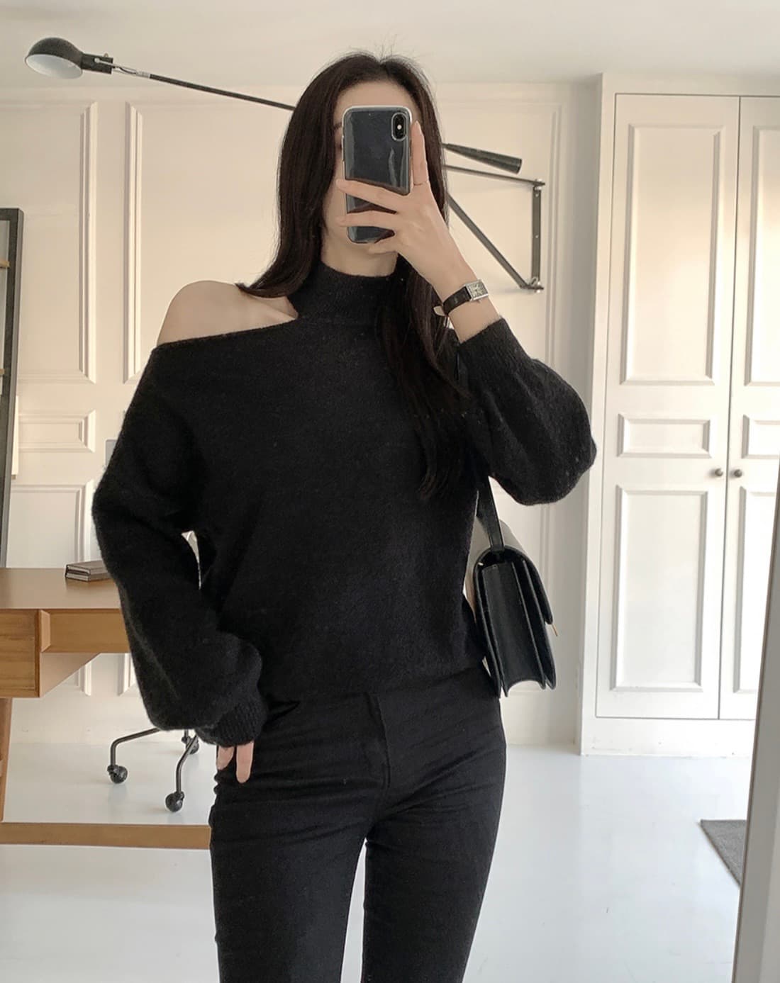 한국 chic 가을 겨울 작은 대중 품격 터틀넥 홀로우 아웃 오프숄더 디자인 루즈핏 캐주얼 다용도 긴팔 니트 스웨터 상세 이미지 59