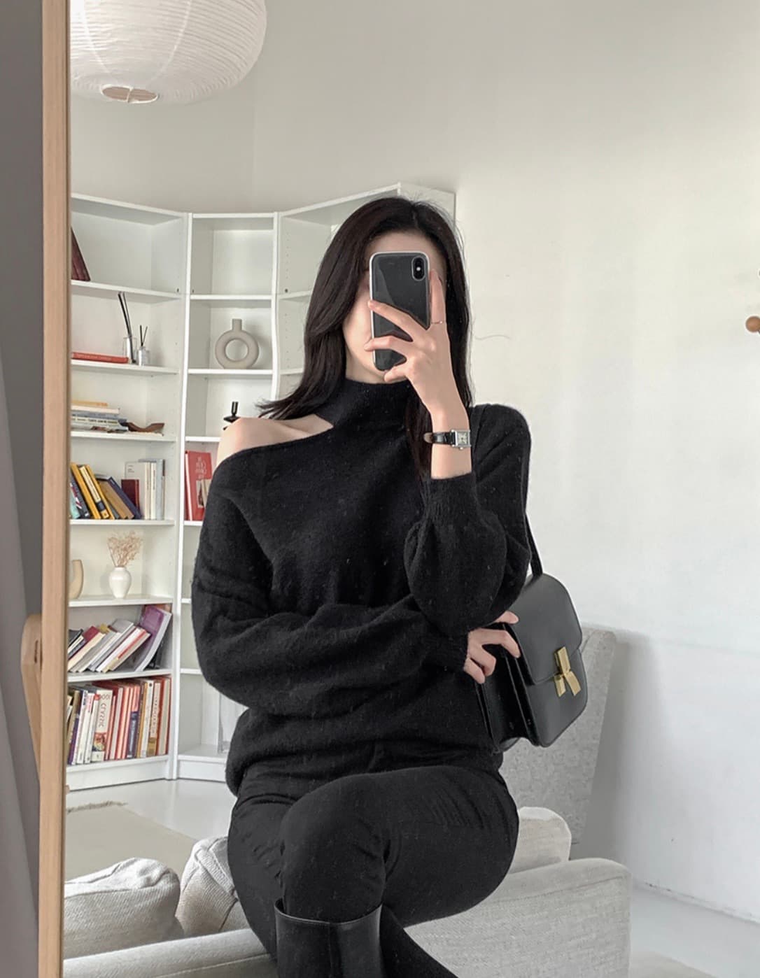 한국 chic 가을 겨울 작은 대중 품격 터틀넥 홀로우 아웃 오프숄더 디자인 루즈핏 캐주얼 다용도 긴팔 니트 스웨터 상세 이미지 60