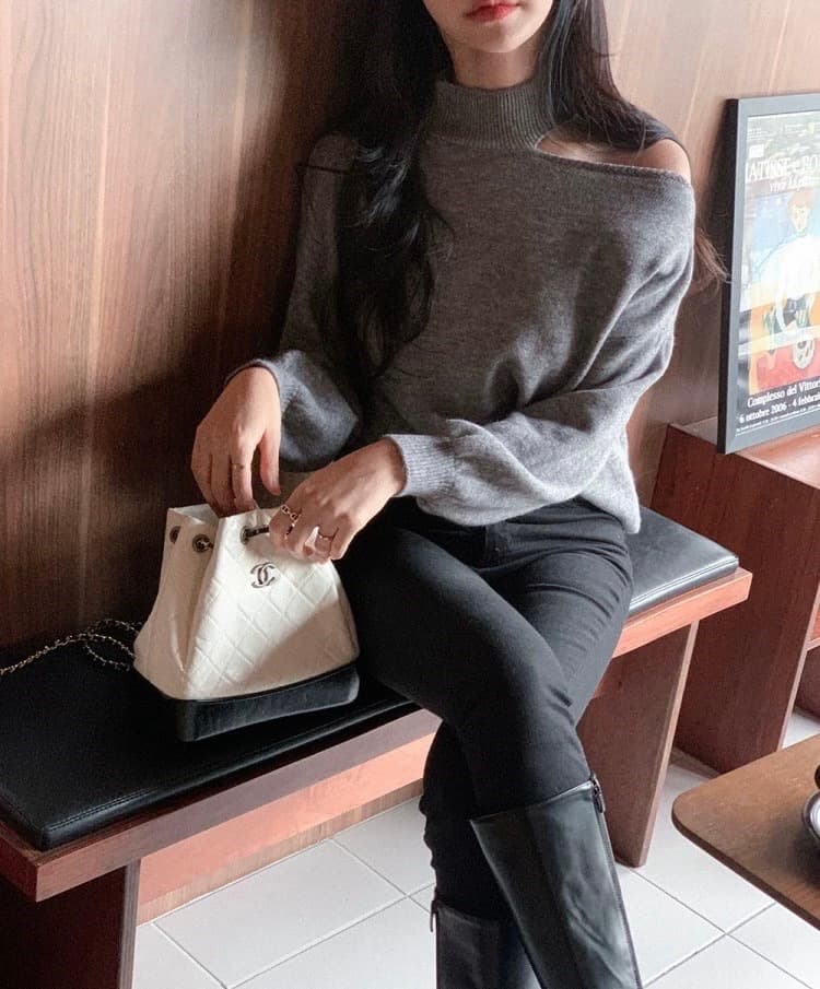 한국 chic 가을 겨울 작은 대중 품격 터틀넥 홀로우 아웃 오프숄더 디자인 루즈핏 캐주얼 다용도 긴팔 니트 스웨터 상세 이미지 68