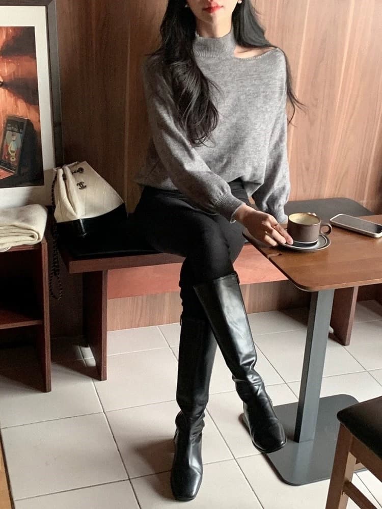 한국 chic 가을 겨울 작은 대중 품격 터틀넥 홀로우 아웃 오프숄더 디자인 루즈핏 캐주얼 다용도 긴팔 니트 스웨터 상세 이미지 71